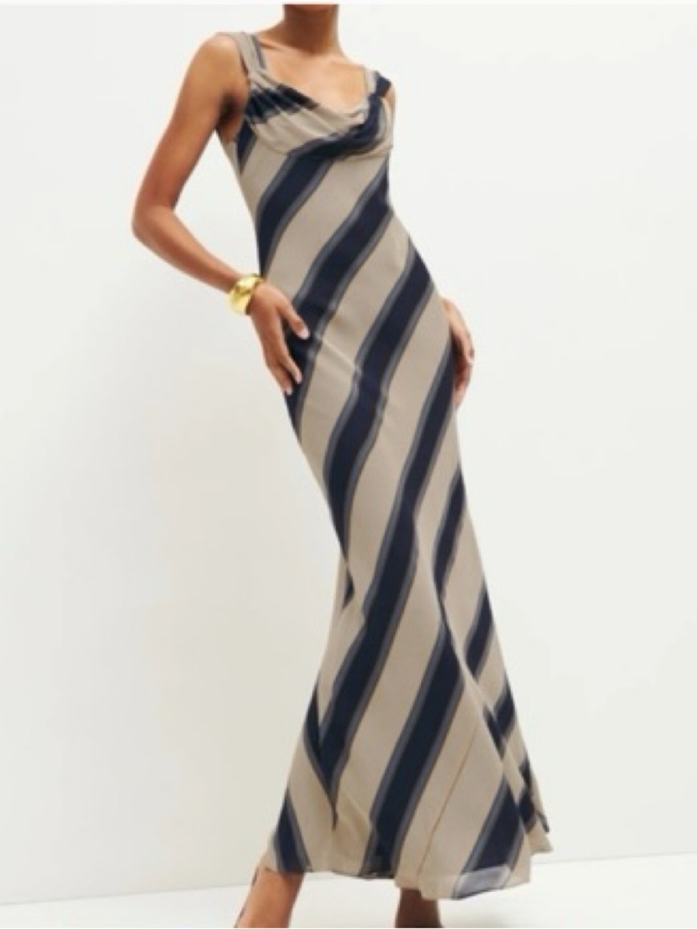 NWT Reformation Indra Maxi Dress Cello Stripe Diagonal Cowl Neck XL Thread Pull